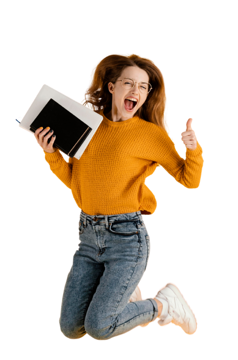 Happy student celebrating with colorful books